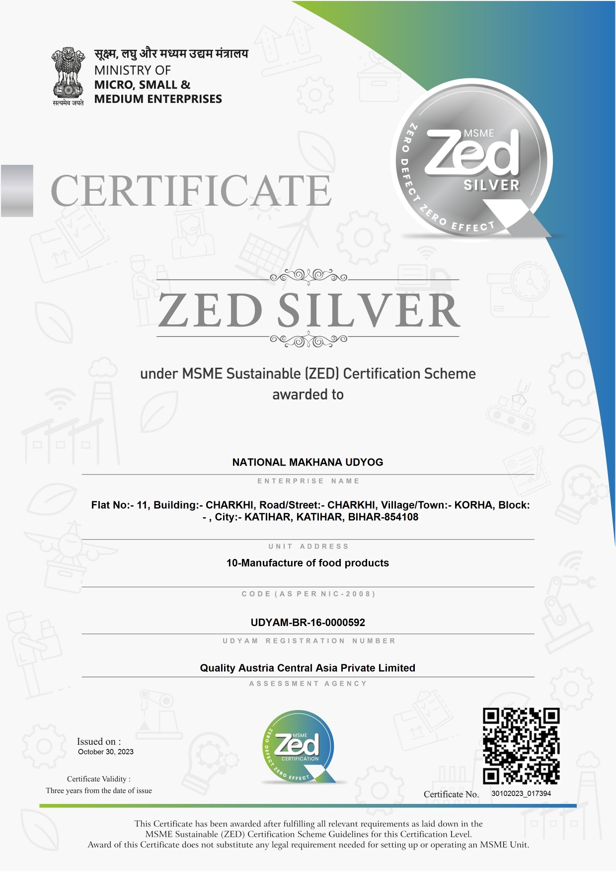 ZED SILVER CERIFICATE - National Makhana Udyog